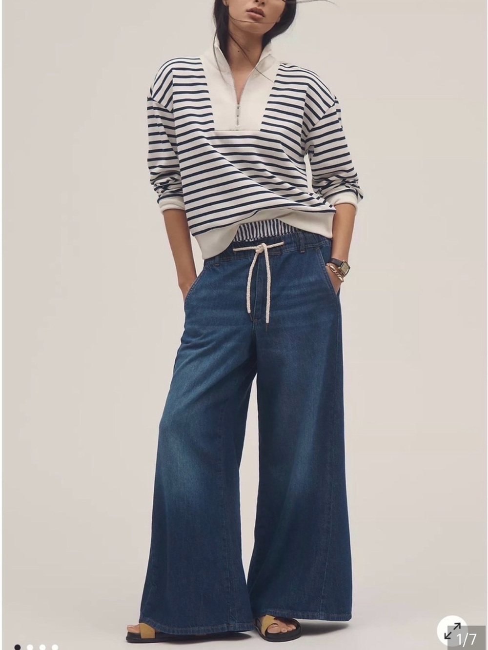 Pilcro Wide-Leg Denim Jeans in Deep Blue with Drawstring